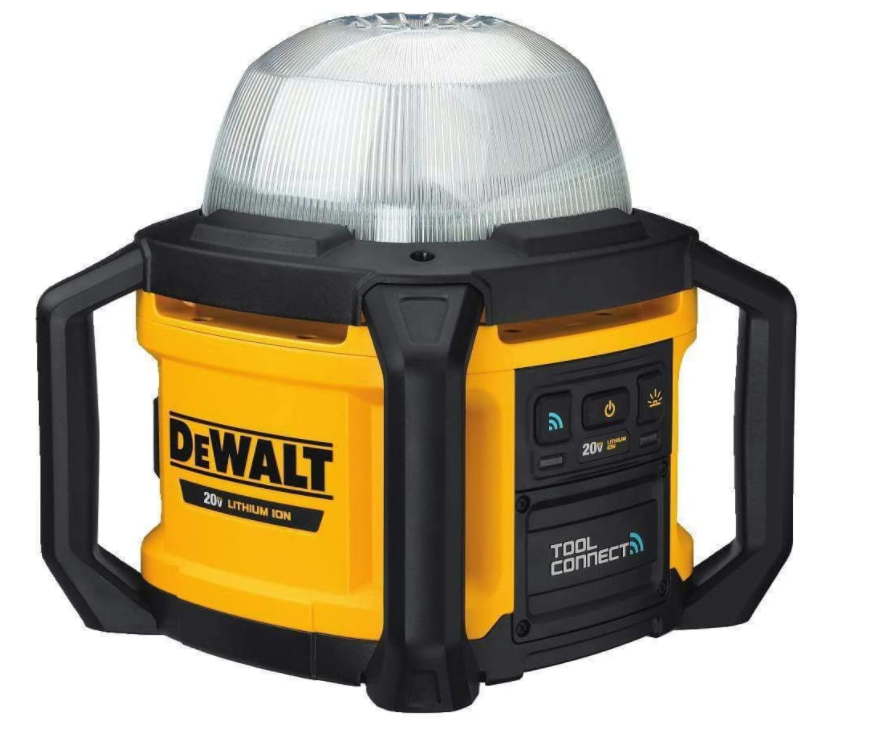 Compact yellow Dewalt Tool Connect work lamp with 20V lithium-ion battery and protective black frame handles