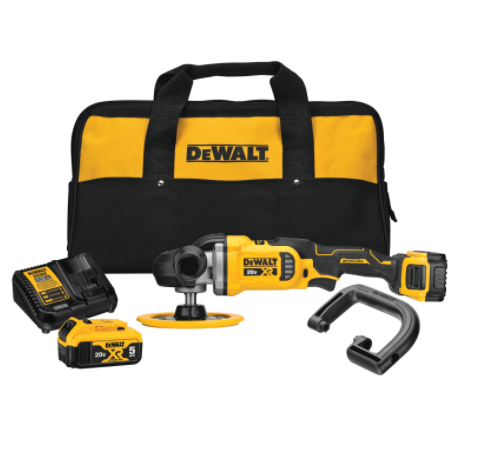 Cordless DeWalt polisher kit with brushless motor, two 20V 5Ah batteries, charger, handle, and carrying bag