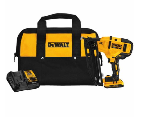 DeWalt 20V cordless finish nailer kit with 16-gauge angled nailer, charger, and branded carrying bag