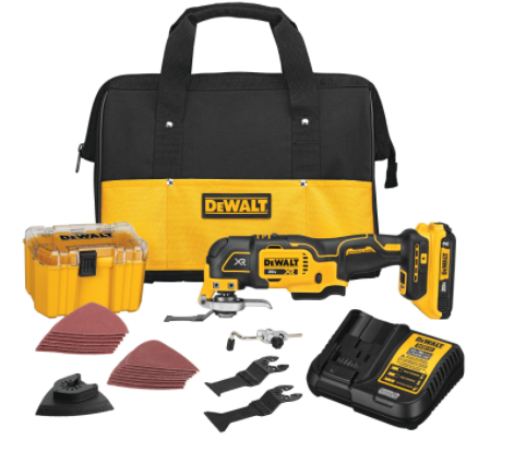 DeWALT 20V brushless oscillating multi-tool kit with battery, charger, 28 cutting and sanding accessories, and storage bag