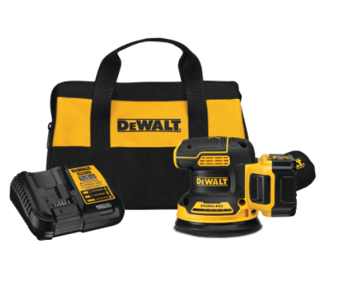 Cordless brushless rotary sander kit with variable speed control, rechargeable battery, charger, and carrying bag