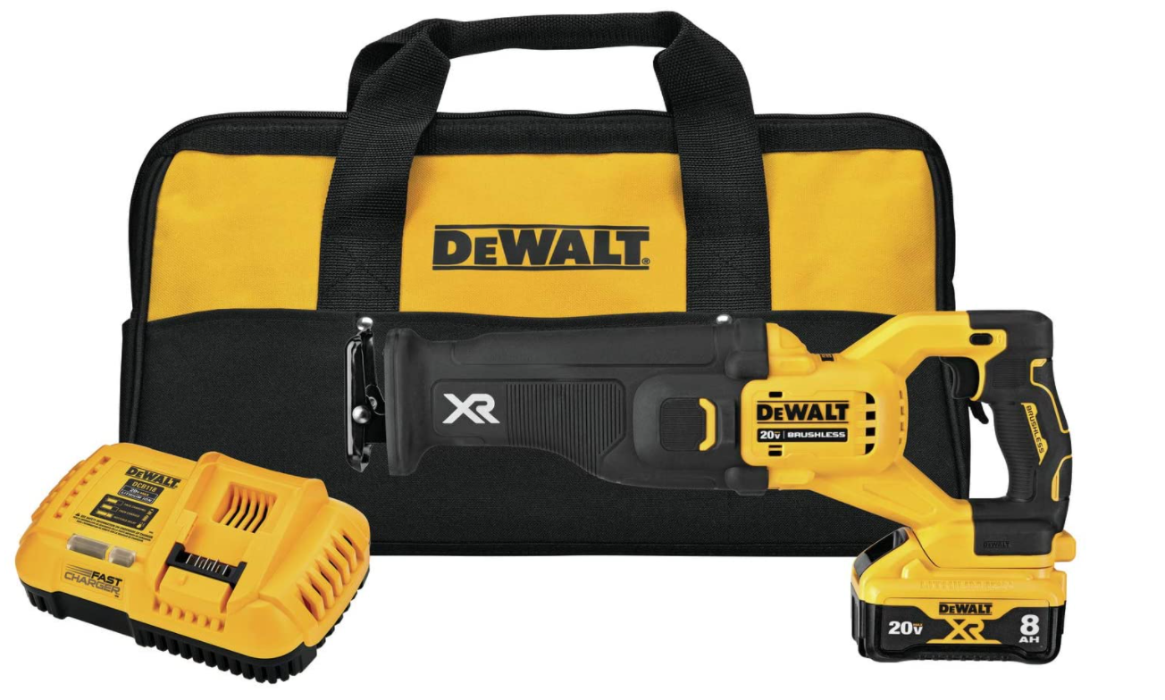 DeWalt 20V MAX XR cordless reciprocating saw kit with 8Ah battery, charger, and yellow black soft carrying bag