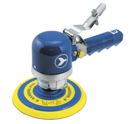6-inch pneumatic dual-action sander with noise-reduced exhaust and ergonomic blue handle for efficient sanding tasks