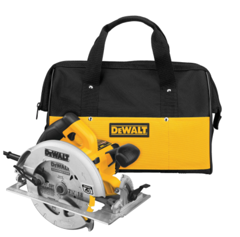 7-1/4 inch DEWALT circular saw with 15A motor, lightweight design, and black-yellow carrying bag included