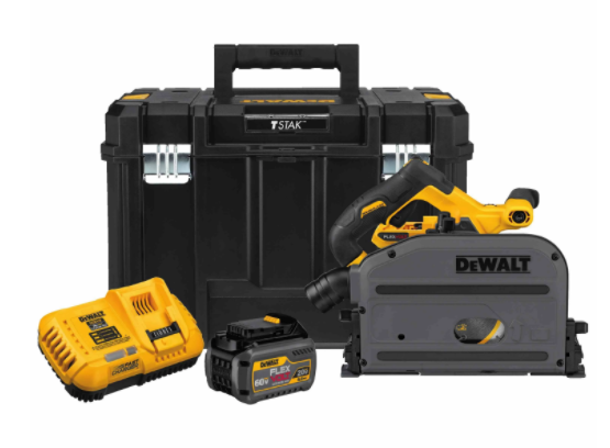 DeWalt 60V 6AH TrackSaw kit with brushless motor, battery, charger, and black carrying TSTAK case
