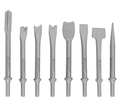 Set of eight chrome molybdenum steel air chisel blades with various shapes for heavy-duty cutting and carving tasks