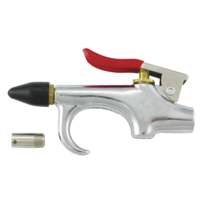 Nickel-finished air blow gun with red trigger, polyoxymethylene body, and detachable metal nozzle accessory