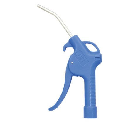 Blue plastic air blow gun with nickel-plated nozzle, ergonomic grip, and controlled air flow trigger mechanism
