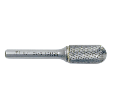 Cylindrical rounded carbide burr for high-alloy steel, stainless steel, and heat-resistant cast parts machining