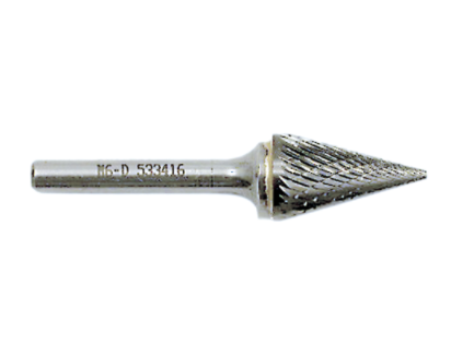 Conical carbide rotary burr with engraved model number, designed for high-quality steel and heat-resistant castings cutting