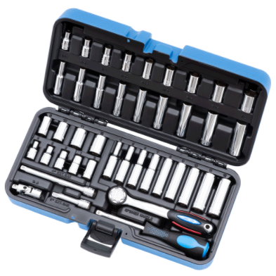 42-piece SAE chrome vanadium socket set with TORQUE DRIVE® sockets and ratchet wrench in a blue carrying case