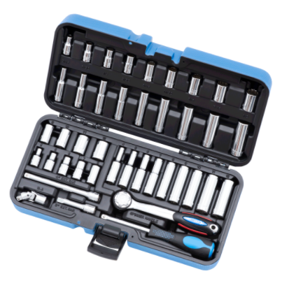 42-piece 1/4" drive chrome vanadium socket set with torque drive sockets and ergonomic handle in blue case