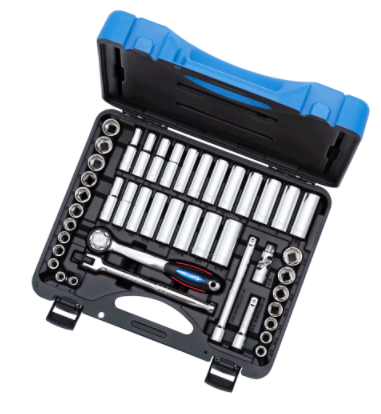 45-piece 3/8" chrome vanadium socket set with ratchet, extensions, and torque drive sockets in a blue plastic case
