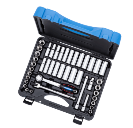 45-piece 3/8" chrome vanadium socket set with torque drive sockets, ratchet handle, and accessories in hard plastic case