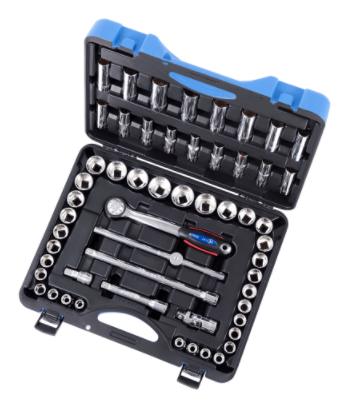 55-piece 1/2" chrome vanadium socket set with torque drive sockets and ratchet handle in black carrying case