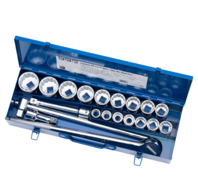 21-piece 3/4" drive SAE socket set in chrome vanadium steel with 12-point sockets and accessories in blue case