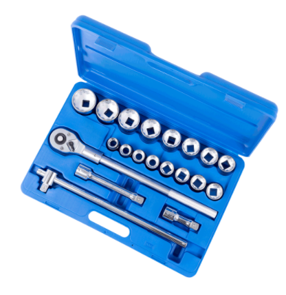 21-piece 3/4-inch chrome vanadium socket set in blue case with ratchet and extension bars for automotive use