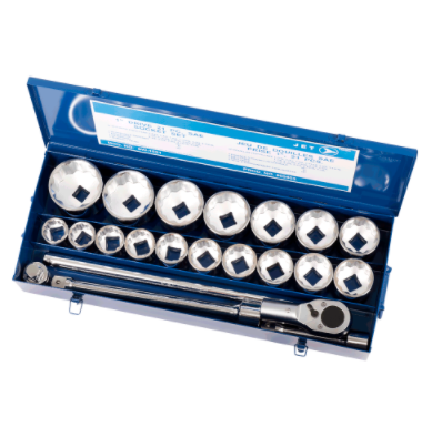 21-piece 1-inch chrome vanadium SAE socket set with torque drive sockets and ratchet in blue metal case