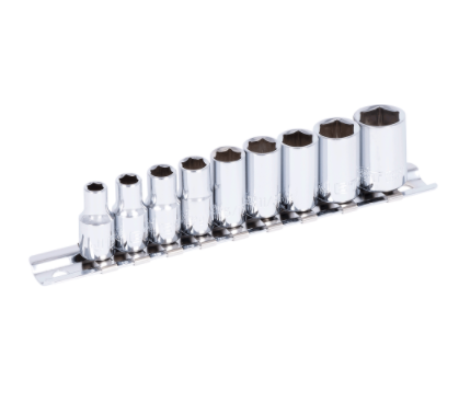 9-piece 1/4 inch chrome vanadium steel socket set with TORQUE DRIVE® design on metal rail organizer