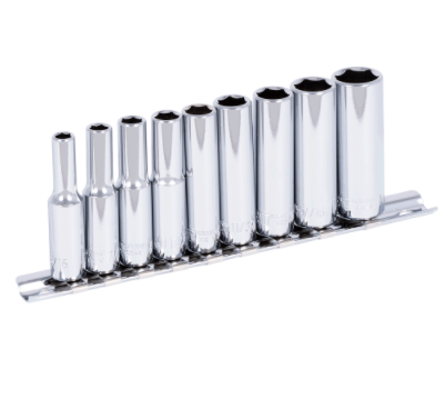 9-piece 1/4" chrome vanadium SAE deep socket set with torque drive design and polished finish on rail organizer