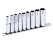 9-piece 1/4" chrome vanadium SAE deep socket set with torque drive design and polished finish on rail organizer
