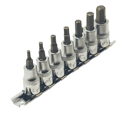 7-piece 3/8" hex socket set with forged chrome vanadium steel and high-strength S2 hex bits on metal rail