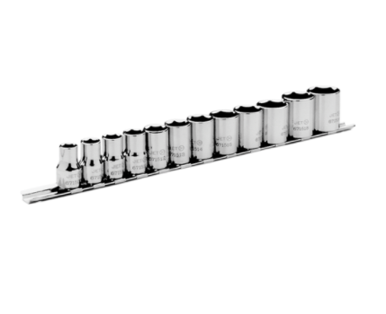 12-piece 3/8" chrome vanadium socket set with TORQUE DRIVE® design to reduce rounding and increase grip.