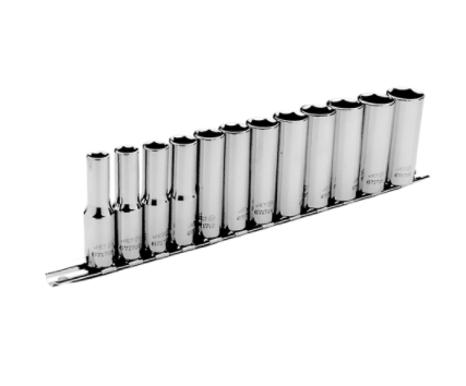 Set of 12 deep chrome vanadium 3/8" sockets with TORQUE DRIVE® for reduced rounding and improved grip