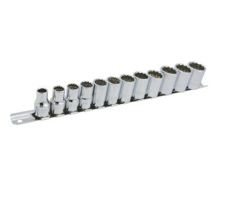 12-piece 3/8" chrome vanadium steel socket set with TORQUE DRIVE® design to reduce rounding and increase grip