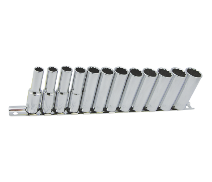12-piece 3/8" deep chrome vanadium socket set with TORQUE DRIVE® design for improved grip and reduced rounding