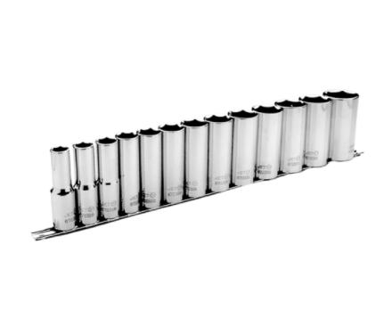 13-piece 1/2" SAE long chrome vanadium socket set with TORQUE DRIVE® design to reduce rounding and enhance grip