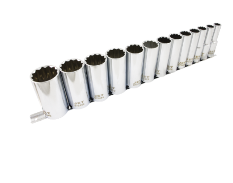 13-piece chrome vanadium deep socket set with 12-point torque drive, designed to reduce rounding and improve grip
