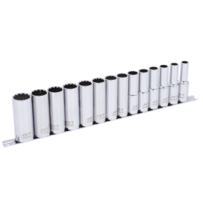 14-piece long chrome vanadium 1/2" drive 12-point socket set with torque drive design on metal rail