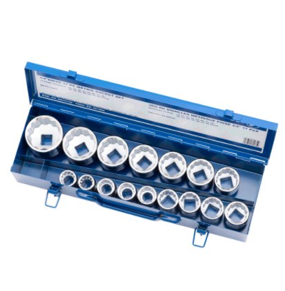 17-piece 3/4" drive metric socket set in a blue metal case with chrome vanadium construction and TORQUE DRIVE® sockets