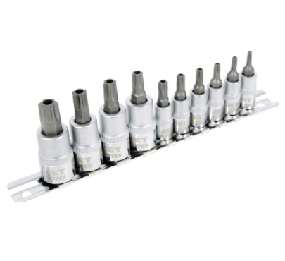 10-piece Torx socket set made of chrome vanadium steel with S2 hardened Torx tips on a metal rail organizer