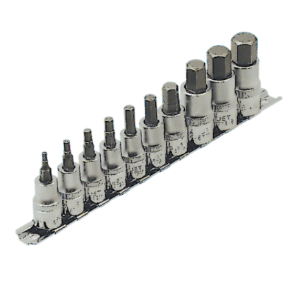 Set of 10 SAE hex socket bits forged from high-strength chrome vanadium steel with S2 steel hex tips on metal rail