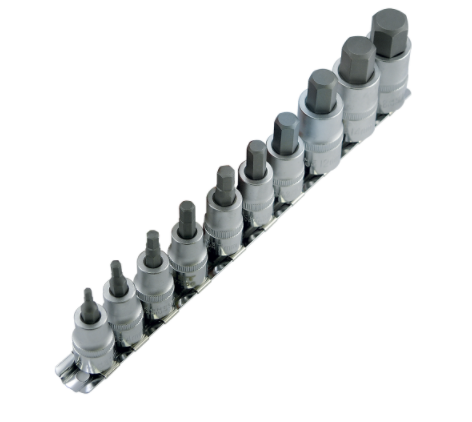 10-piece hex socket set with forged chrome vanadium steel and high-strength S2 steel hex heads on holder
