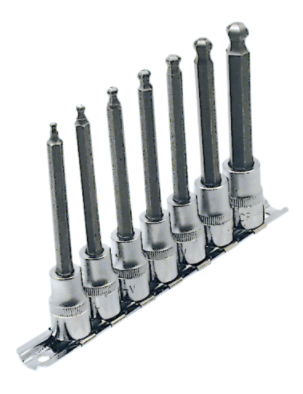 7-piece 3/8" SAE hex ball socket set with 4" long S2 steel tips and forged chrome vanadium steel bases