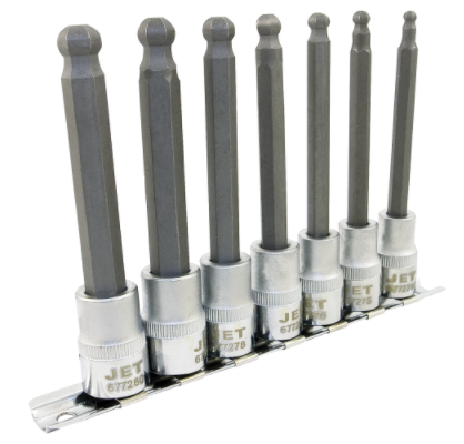 Set of 7 chrome vanadium 3/8" hex ball sockets, 4-inch long, forged steel with S2 alloy high-strength tips