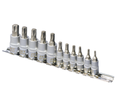 11-piece Torx socket set in 1/4 and 3/8 inch drives with chrome vanadium steel and S2 steel bits
