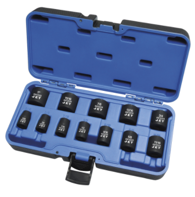 12-piece 3/8" impact socket set in SAE sizes, chrome-molybdenum steel with TORQUE DRIVE® design in molded blue case