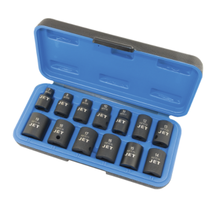 13-piece 3/8" impact socket set with chrome-molybdenum steel and torque drive design in blue case