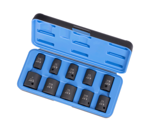 10-piece 1/2" drive SAE impact socket set with chrome molybdenum steel construction in blue plastic case