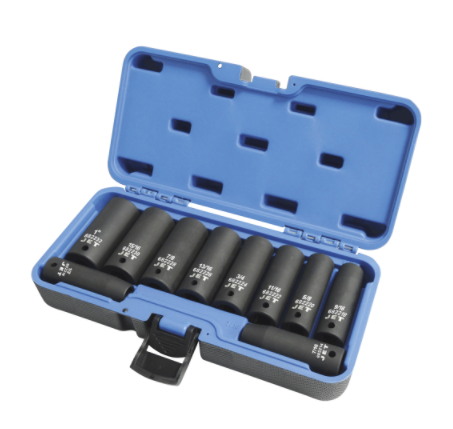 10-piece 1/2" SAE impact deep socket set made of high-strength chrome molybdenum steel in a blue case