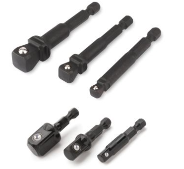 6-piece adapter and socket set with ball detent retention made of shock-resistant alloy steel for drill and driver use