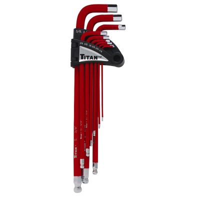 Set of 13 extra long red SAE ball-end hex keys with polished chrome finish and size markings in black holder