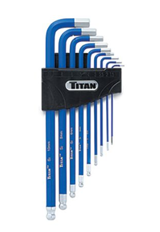 Set of 9 extra long blue hex ball-end Allen keys in various sizes, organized in a black plastic holder