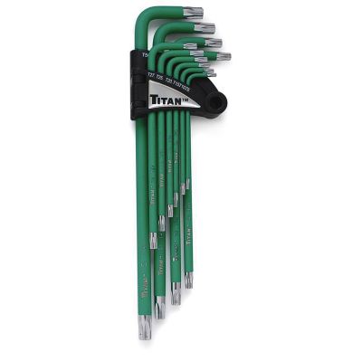 13-piece extra-long Torx key set with textured finish for improved grip, sizes T6 to T50, organized in black holder