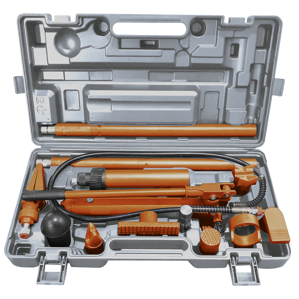 10-ton car body repair kit with hydraulic pump, chrome piston rod, and multiple attachments in molded carrying case