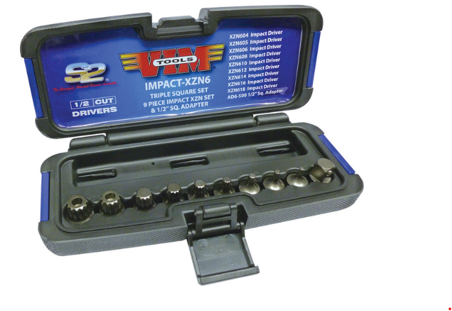 10-piece 3/8" square drive triple square impact driver set with S2 steel sockets and 1/2" adapter in plastic case